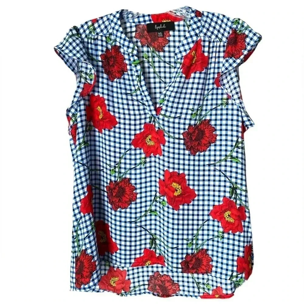 LIPSLIDE | Blue Gingham Floral Print Ruffle Cap Sleeves V-Neck Top Size XL